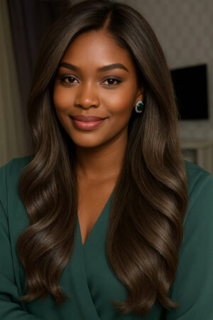 Ayobami™ – Brun Froid Élégant – Longue ondulation satinée – Affine les visages ronds – Cheveux naturels indiens
