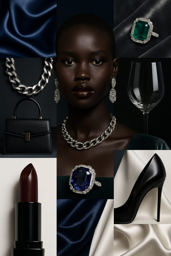 Adut Akech, entre deux éclats. En Ébène Profond™, sa peau froide s’impose dans les contrastes glacés : argent, noir satiné, prune éditorial.