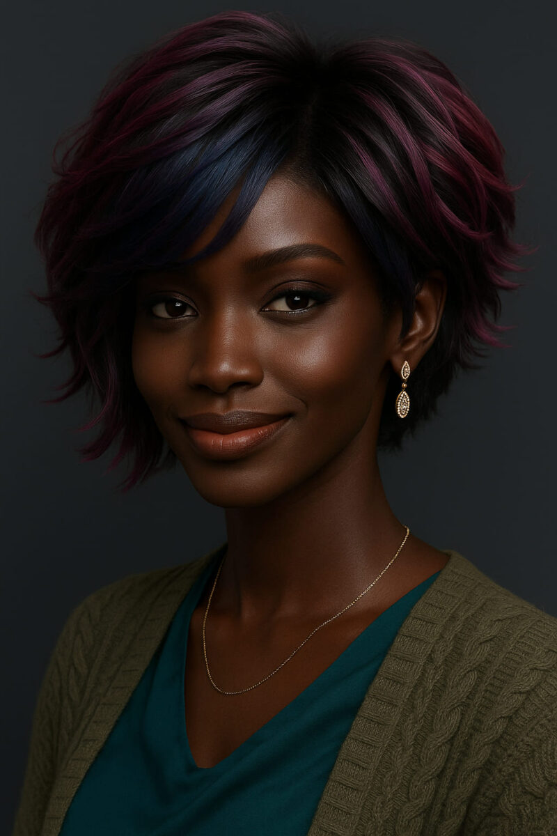 Zeyra – Violet Prune & Bleu Nuit™ – Mi-Court Effilé Texturisé – Épaissit les Très Fins et Adoucit les Diamants – Cheveux Indiens Bruts Premium