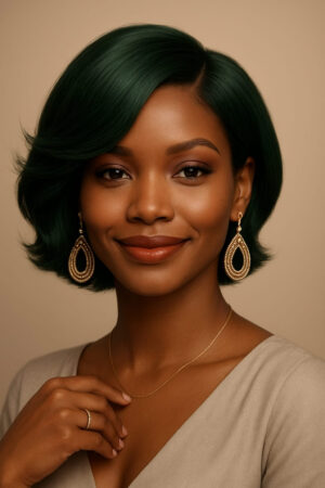 Amirah™ – Vert Émeraude Élégant – Carré mi-court structuré – Sublime les visages ovales – Cheveux naturels indiens