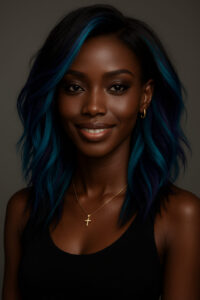 Selya – Bleu Cobalt™ Artistique – Mi-Long Wavy Structuré – Épaissit les Visages Très Fins et Dynamise les Diamants – Cheveux Indiens Bruts Premium