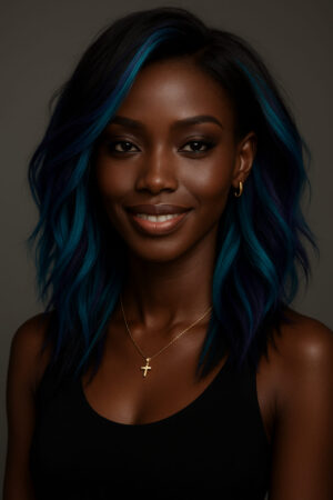 Selya – Bleu Cobalt™ Artistique – Mi-Long Wavy Structuré – Épaissit les Visages Très Fins et Dynamise les Diamants – Cheveux Indiens Bruts Premium