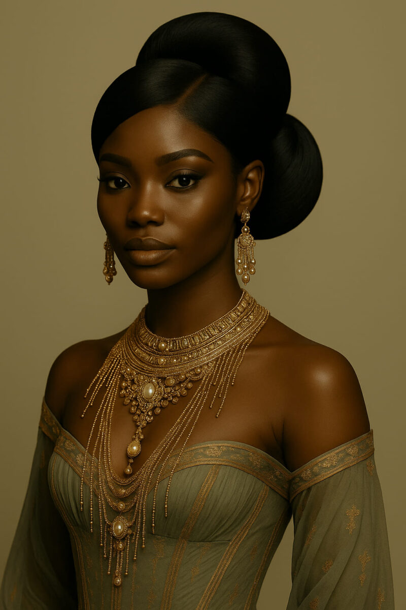 Njeri™, le chignon Bridal Double Impérial Noir Absolu qui sublime les ovales, adoucit les carrés et équilibre les visages diamant pour un éclat majestueux.