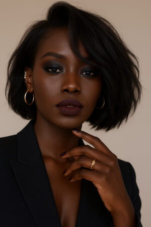 Asenya – Noir Naturel Élégant – Carré Mi-Court Plongeant – Affine et Allonge les Visages Ronds – Cheveux Naturels Indiens