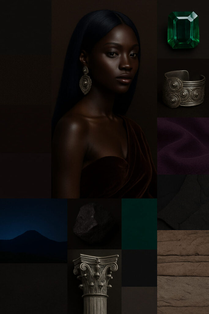Une Queen de profil colorimétrique ébène profond sublimée par uen coiffure de couleur Indigo Dogon™ — #0B1D39