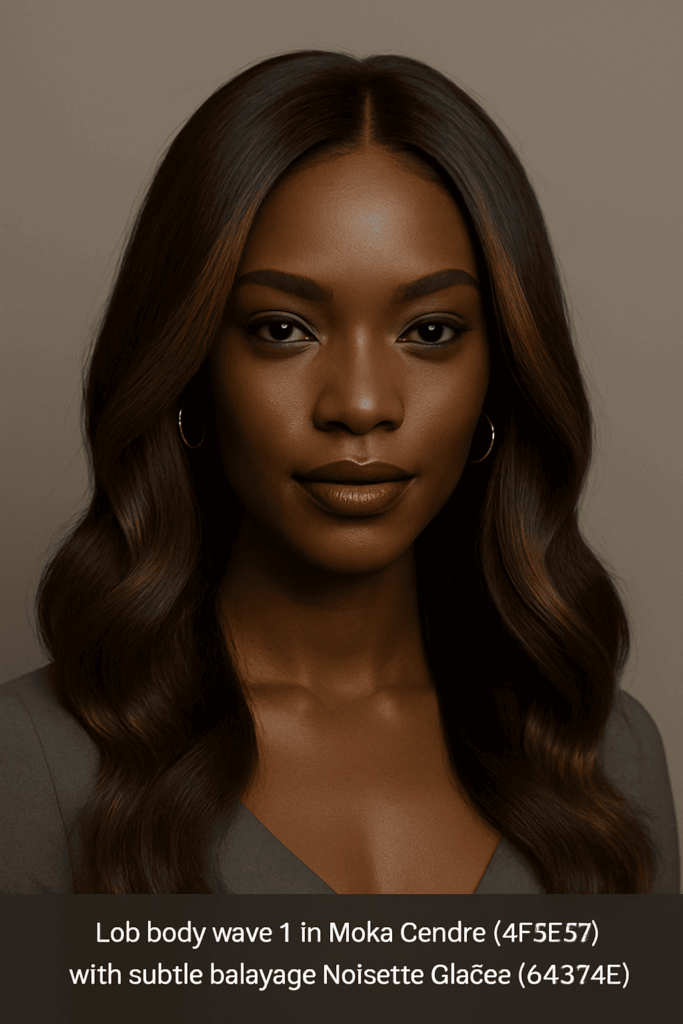 Lob body wave 16" en Moka Cendré™ (#4F3E37) avec balayage Noisette Glacée™ (#6A574E) léger en pointes, bijoux argent. porté par profil Café Doux