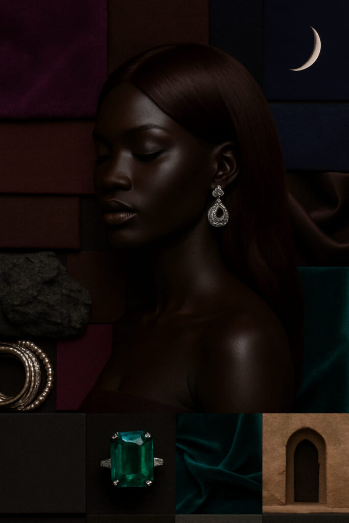 Une Queen de profil ébène profond sublimée par une coiffure de couleur Acajou Sombre™ (#2C1F1B)