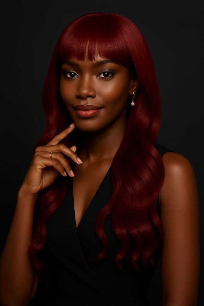 Sefora™ – Bordeaux Royal™ – Longue Frange Ondulée – Sublime les visages ovales – Cheveux naturels indiens