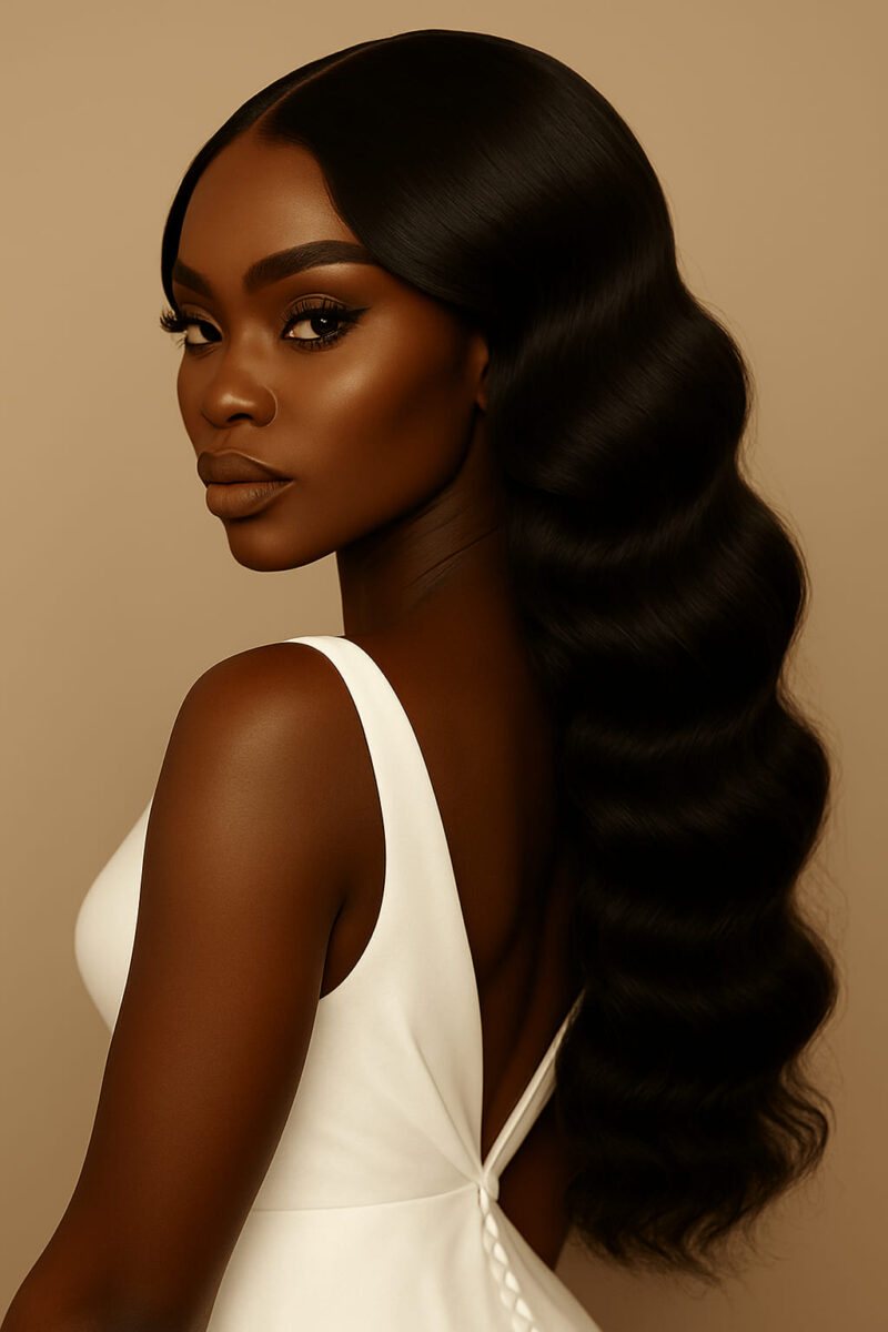 Nayeli™ – Noir Absolu Élégant – Ondulations Hollywood Longues – Sublime les visages ovales – Cheveux naturels indiens