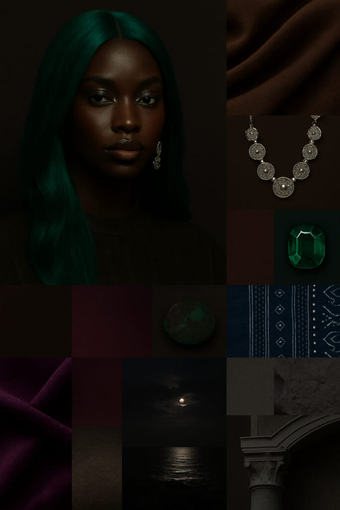 Une Queen de profil colorimétrique ébène profond sublimée par une coiffure Émeraude Shakiso™ — #014D43