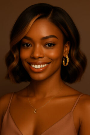 Marjani™ – Balayage Miel Rayonnant – Carré ondulé mi-court HD – Adoucit les visages carrés – Cheveux naturels indiens