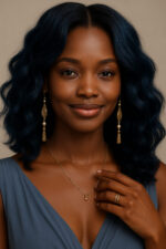 Niyama™ – Bleu Nuit Profond – Lob Ondulé Mi-Long – Sublime les visages ovales – Cheveux naturels indiens