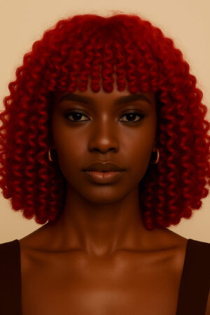Aime-toi N°26 – Afro Bouclé à Frange – Rouge Scarlet™ – 14" – Illumine les visages ovales, ronds et carrés – Cheveux Naturels Indiens