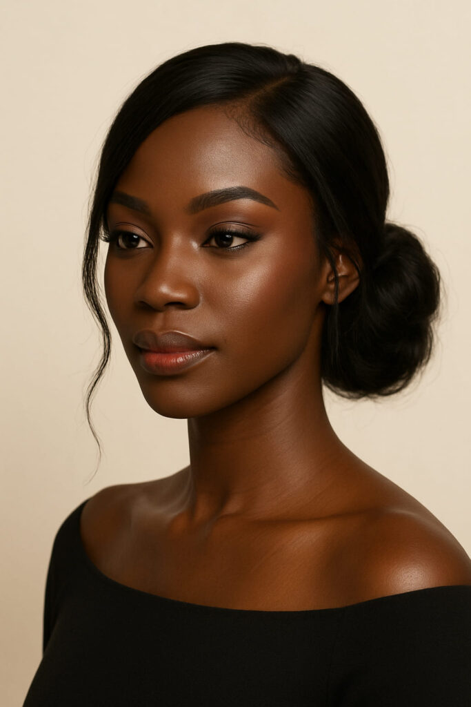 La Queen a un visage hybride ovale-rectangulaire. Elle porte un Chignon : bas de nuque plein avec présence latérale mesurée (élargit subtilement).Texture : flou texturé contrôlé, zéro frisottis.Raie : latérale douce ; éviter toute hauteur au sommet.Mèches encadrantes : légères sur les côtés, sans bouffant en haut.