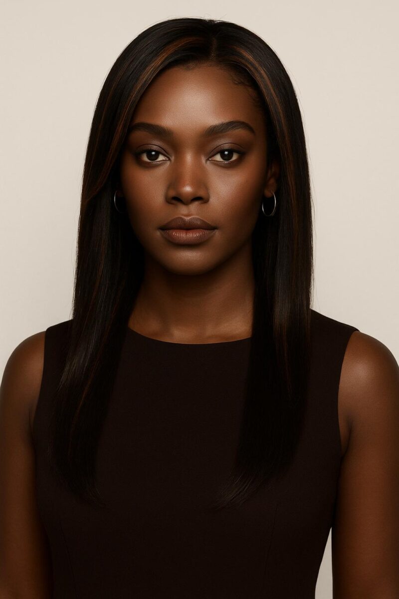 Aime-toi N°61 – Perruque #FS1B/30 – Mèches Cuivrées sur Base Naturelle – Lisse Élégante 22"- Cheveux Naturels Indiens