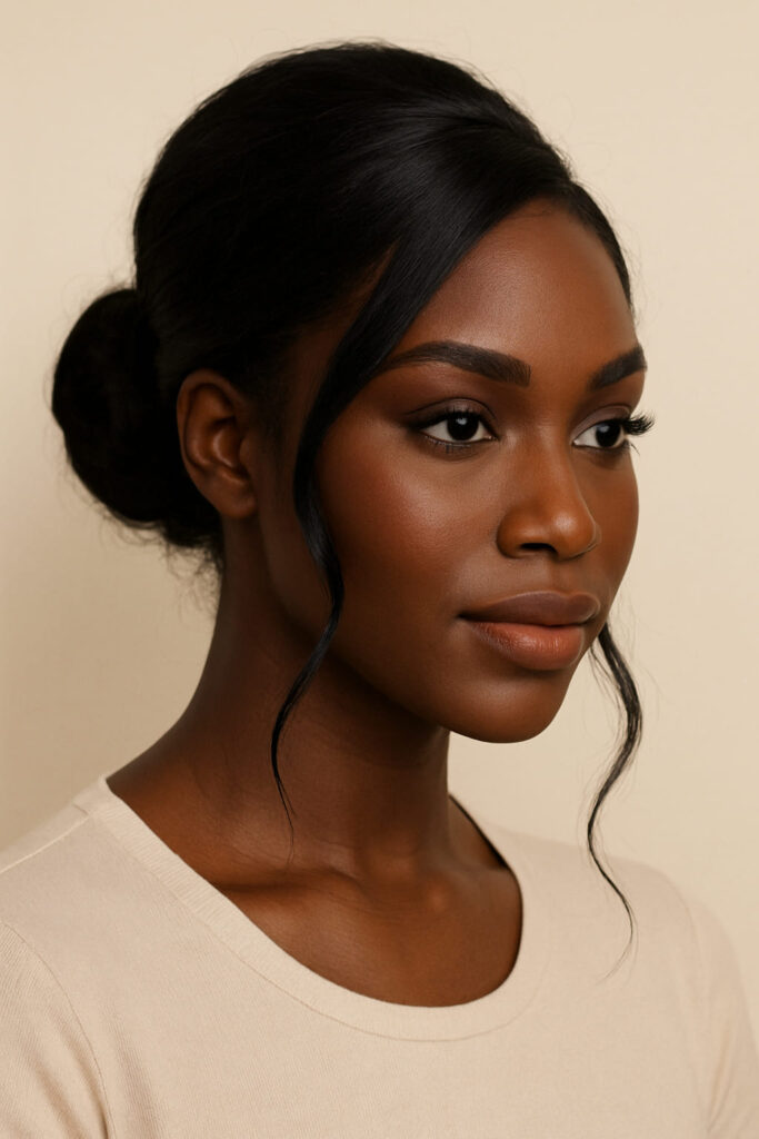 La Queen a un visage en coeur. Elle porte un Chignon : bas de nuque élégant, volume doux (calme le haut, remplit le bas).Texture : flou léger/ondulé souple.Raie : latérale douce ou diagonale subtile.Mèches encadrantes : fines au-dessus des tempes pour adoucir la largeur frontale.