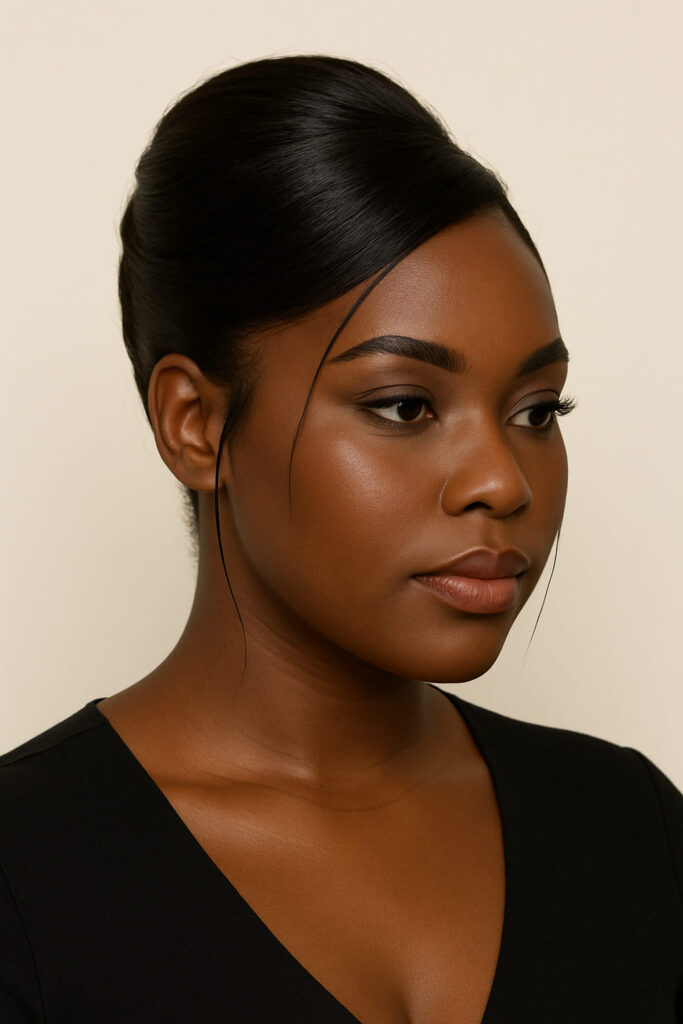 La Queen a un viage hybride rond/triangulaire. Elle porte un Chignon : banane (French twist) adoucie, verticalité chic sans excès.Texture : sleek contrôlé sur les côtés bas, finition satinée au sommet.Raie : diagonale marquée côté fort.Mèches encadrantes : fines, dirigées vers les tempes (pas d’épaisseur à la mâchoire).
