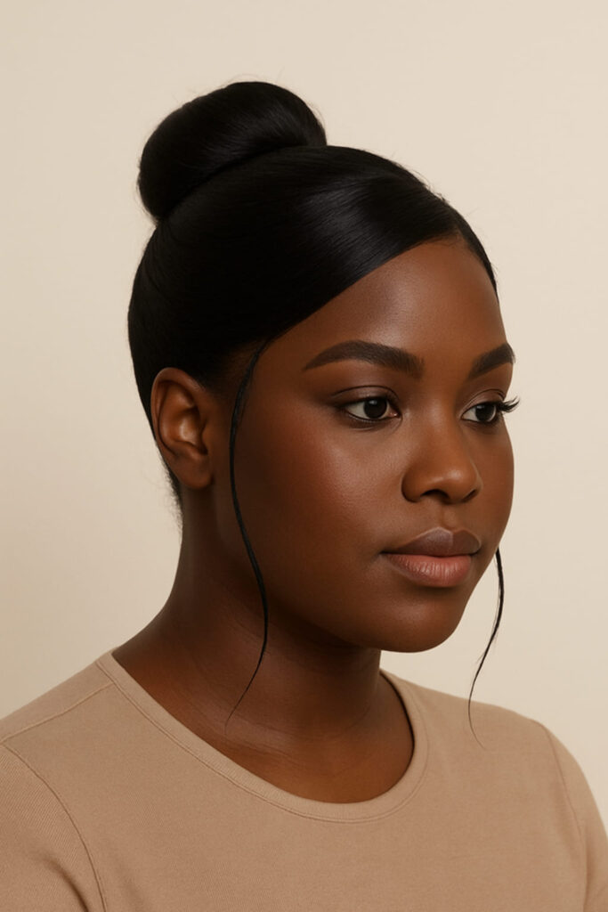 La Queen a un visage hybride rond-carré. Elle porte un Chignon : mi-haut sleek souple (volume compact et propre, placé au milieu-haut).Texture : lisse contrôlé avec finition satinée (sans effet mouillé).Raie : diagonale moyenne pour casser la symétrie.Mèches encadrantes : deux mèches fines, arrondies, adoucissant la mâchoire.