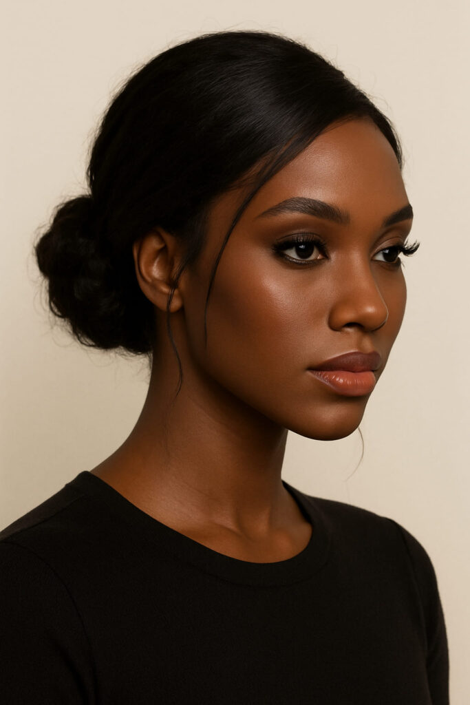 La Queen a un visage hybride très fin/triangulaire inversé. Elle porte un Chignon : bas flou texturé (volume souple concentré en nuque).Texture : flou texturé/ondulé léger, sans frisottis.Raie : latérale/diagonale douce (calmer la largeur du haut).Mèches encadrantes : fines aux tempes et vers l’angle mandibulaire pour donner présence.