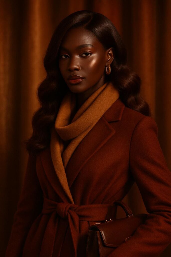Queen ébène chaud, outfit d'hiver: Manteau : laine premium Terre de Sienne Intense™ (#8A3B12), coupe longue, ceinture structurée, col châle.Écharpe : cachemire Ocre doré lumineux (#B8860B) drapée avec fluidité.Sac : cuir Chocolat poli (#3C1E16), petit format rigide.Gants : suédine ambre foncé (#8E5C3B).Bijoux : or vieilli poli, forme géométrique simple. Coiffure Rouge Vin Profond™ (#530)Texture : Body Wave longue et dense (22″ / ≈ 55 cm)