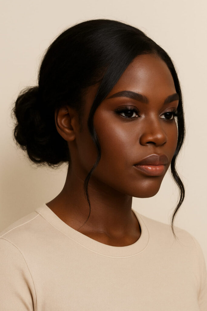 La Queen a un viasge carré. Elle porte un Chignon : bas de nuque, volume souple et arrondi (pas massif).Texture : flou texturé / ondulé satiné pour adoucir les angles.Raie : diagonale moyenne (éviter médiane stricte).Mèches encadrantes : deux rubans souples qui effleurent la mâchoire.