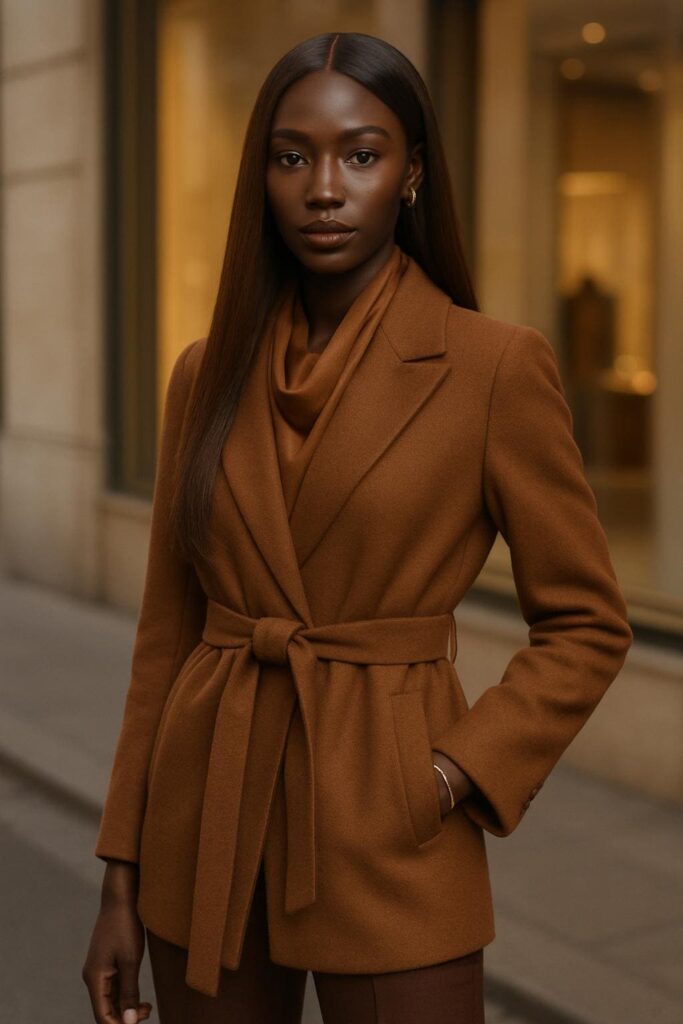 Queen ébène chaud, outfit d'hiver élégance urbaine - Tenue : manteau laine Caramel Urbain™ (#A97448), ceinturé, structure épurée.Pantalon droit brun cacao (#5A3C1F), foulard soie bronze clair (#C47F4E), bottines cuir poli (#3C1E16). Coiffure : Brun Caramel Épicé™ (#T27/30), texture Silky Straight, 20″