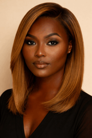 Absolu Hair N°04 – Lob lisse architecturé – Ombre miel atténué™ (T4/27) – 14″ – Cheveux Naturels Indiens