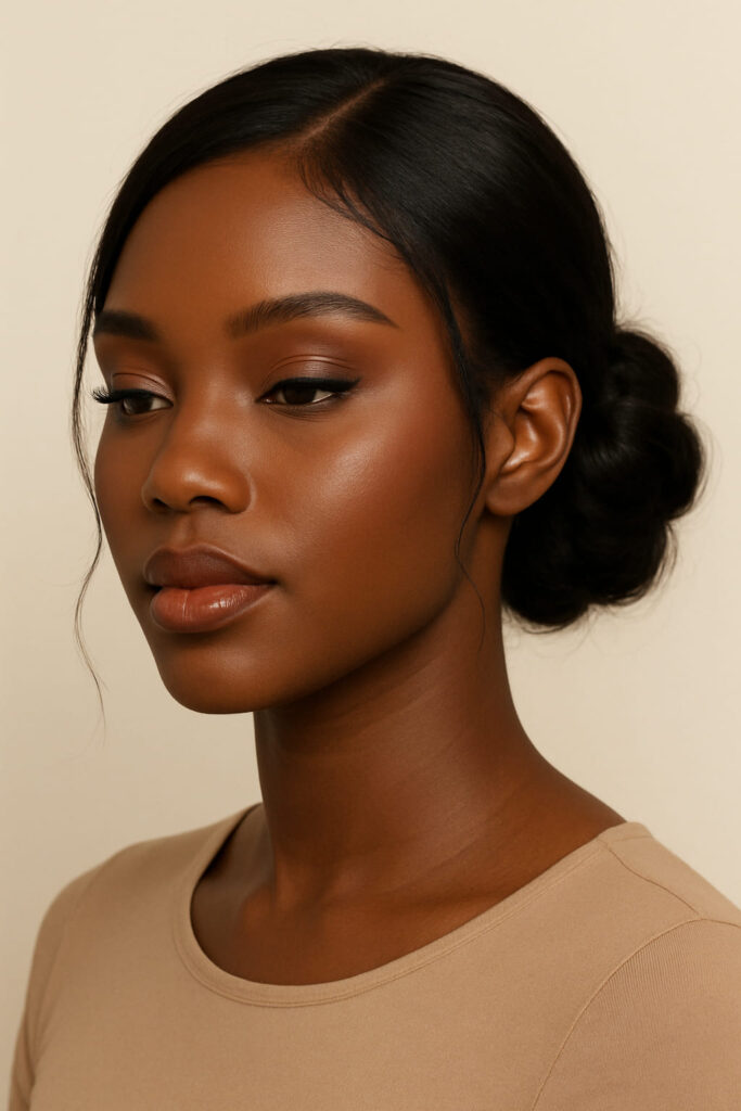 La Queen a un visage hybride triangulaire inversé/ovale. Elle porte une Chignon : bas de nuque élégant (poids visuel vers la nuque).Texture : flou léger/ondulé souple (remplit le bas).Raie : diagonale douce ; pas de sommet haut.Mèches encadrantes : fines au-dessus des tempes pour adoucir le haut.