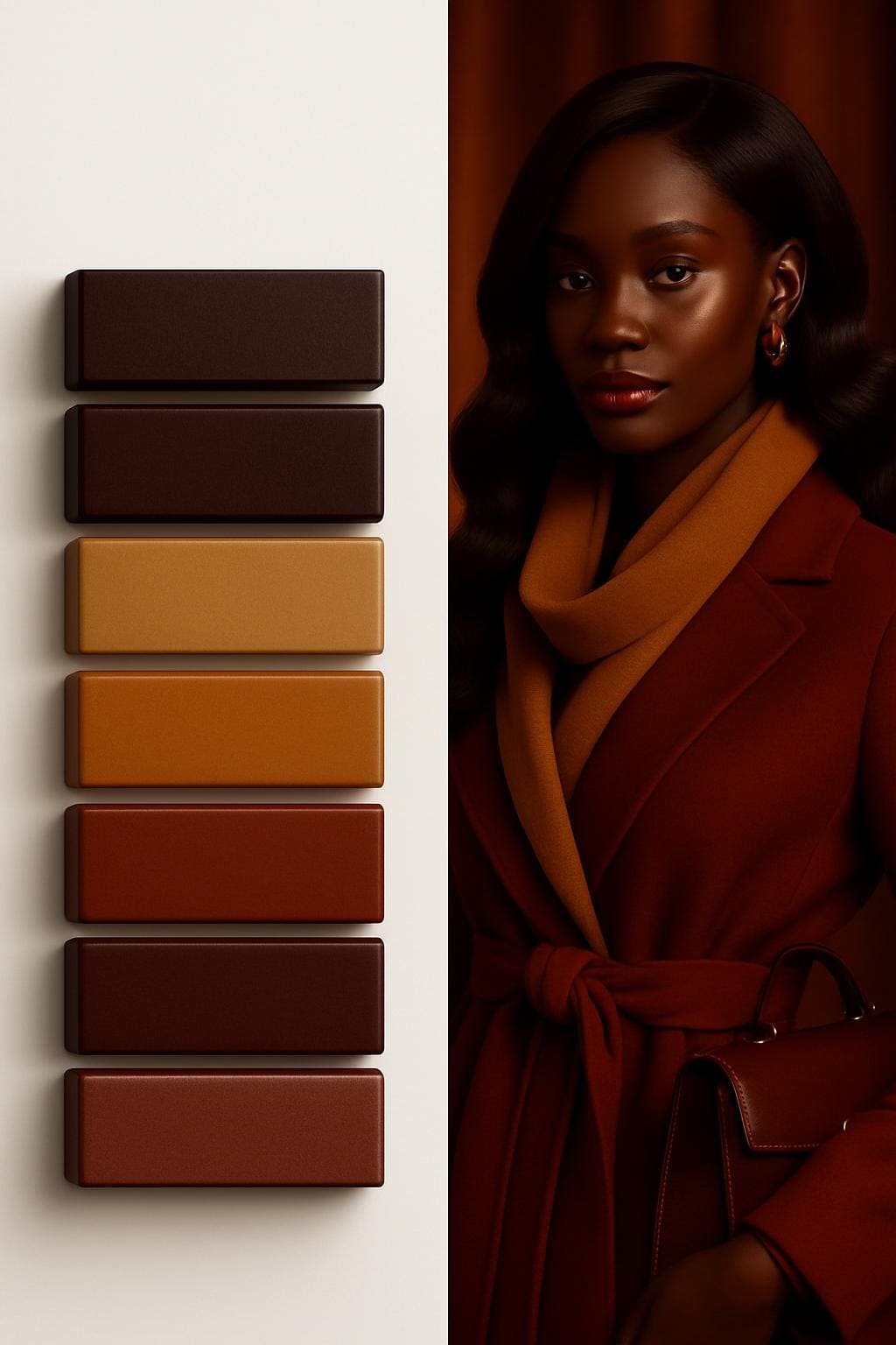 Palette Ébène Chaud™ : manteau caramel, écharpe ocre, perruque Brun Caramel Épicé™ — l’élégance d’un feu maîtrisé pour sublimer les peaux noires.