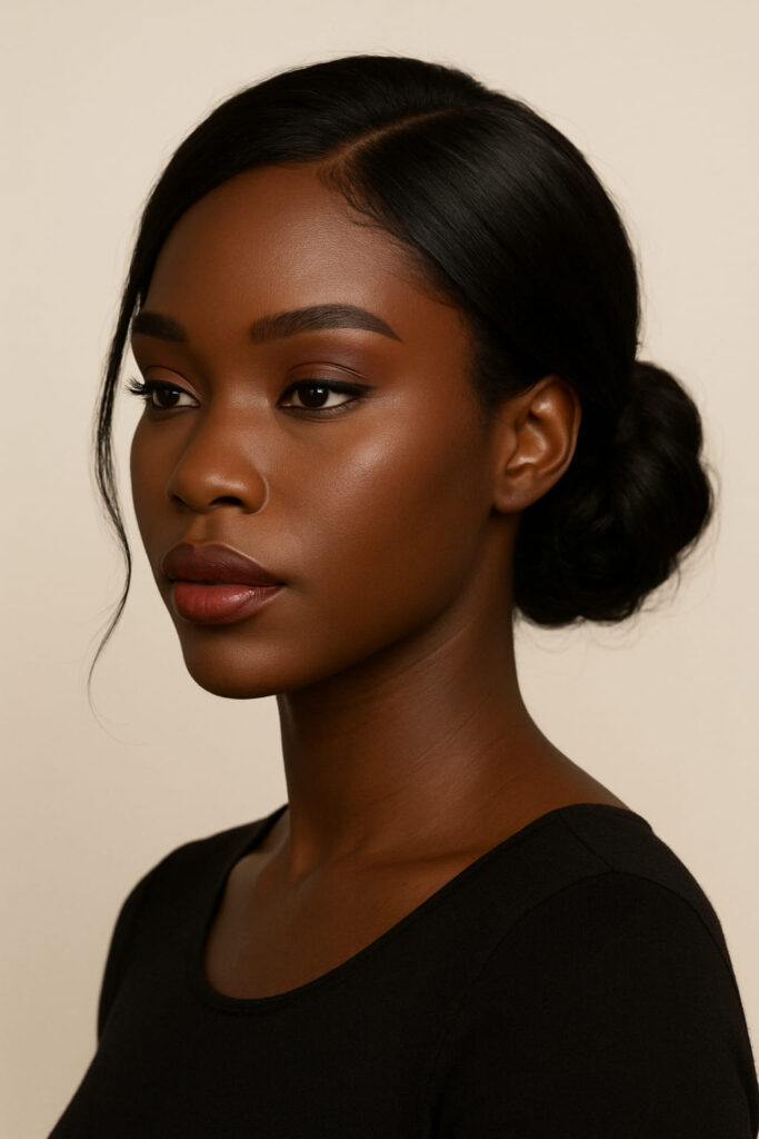 La Queen a un visage oblog, et porte un Chignon : bas de nuque généreux, volume horizontal mesuré (élargit sans alourdir).Texture : flou texturé/ondulé souple (zéro frisottis).Raie : diagonale moyenne, sommet bas (éviter toute hauteur).Mèches encadrantes : deux mèches fines latérales pour casser la verticalité.