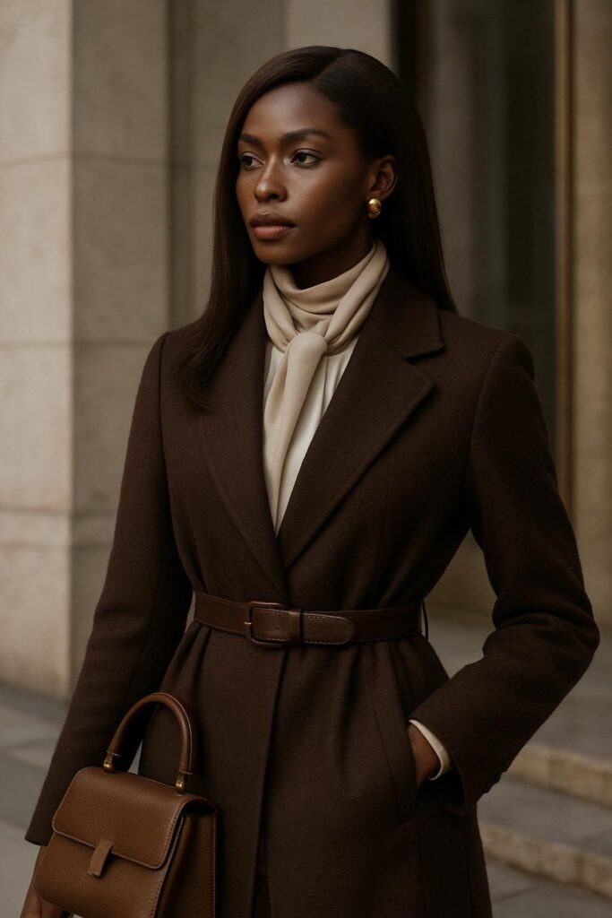 Queen Cacao Neutre, Outfit d'hiver: Tenue : long manteau tailleur marron expresso profond (n° 3B2720) — laine dense, lignes épurées, épaules légèrement oversize, ceinture en cuir ton sur ton.Dessous : chemisier en soie ivoire, col montant ; pantalon en laine grège chaude (n° 9E8C7A).Accessoires : sac à main structuré en cuir bronze (n° 7C5A40), foulard en soie taupe champagne (n° D6C2A3), boucles d’oreilles dorées brossées.Cheveux : perruque longue lisse P4/30 Café Latté Glacé™, raie sur le côté, brillance lisse.Maquillage : fard à paupières moka, blush rose chaud, lèvres beige-rosé satiné (MAC « Whirl »).