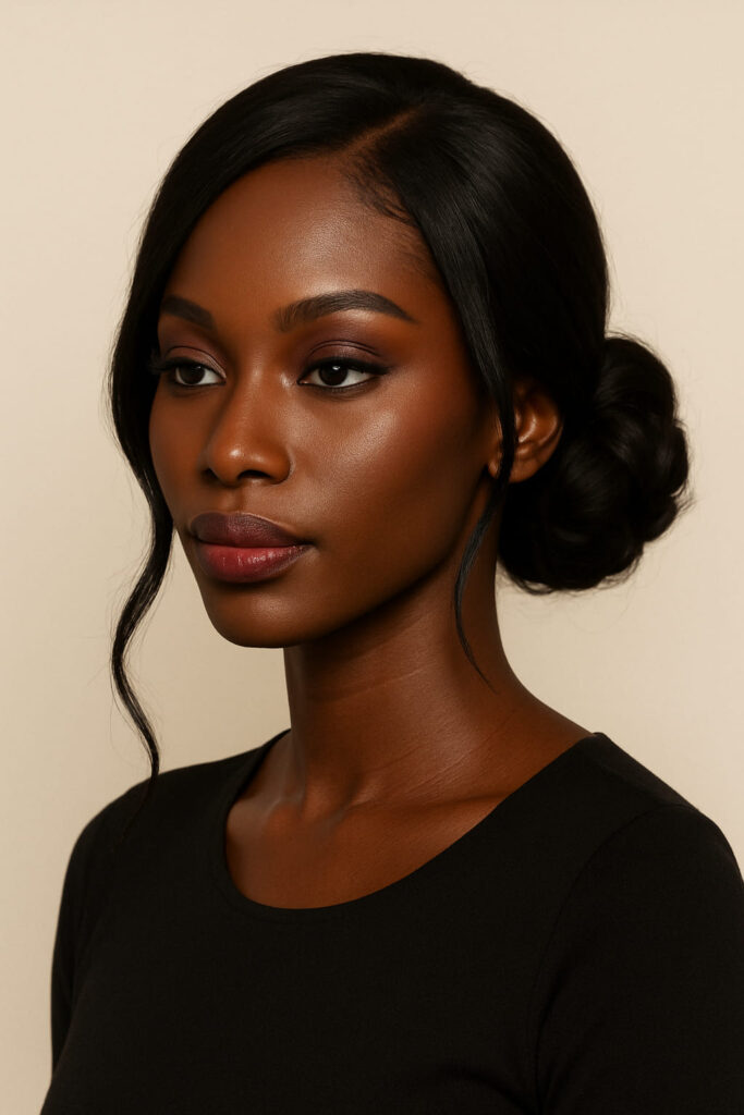 La Queen a un visage hybride diamant/très fin. Elle porte un Chignon : side bun médian souple (déporté latéral à hauteur médiane).Texture : ondulé satiné fin, volume arrondi sans épaissir sur les pommettes.Raie : diagonale douce (éviter médiane).Mèches encadrantes : départ sous la pommette, glissent vers la mâchoire (jamais d’épaisseur pile sur l’os).