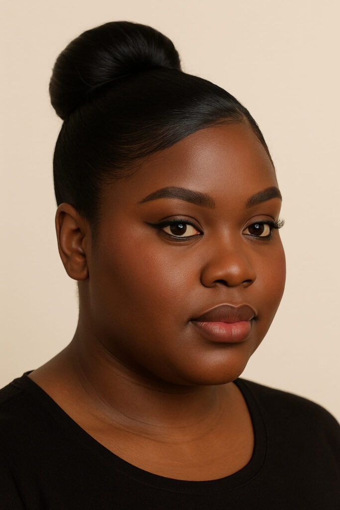 La Queen a un visage rond. Elle porte un Chignon : haut / ballerine (placement supérieur net, volume compact). Texture : sleek lisse impeccable, côtés bien maîtrisés. Raie : diagonale marquée et propre (éviter la médiane). Mèches encadrantes : aucune ou micro-mèches très discrètes, pas d’épaisseur latérale.