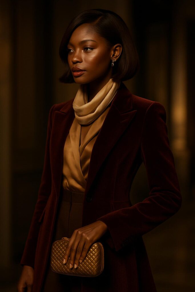 Queen Cacao Neutre en outfit Soirée Glamour: Tenue : long manteau en velours bordeaux neutre profond (#6C3F36), doublure en satin, chemisier en soie bronze légèrement ouvert à col montant (#B1745B).Carré en satin champagne légèrement noué, boucles d'oreilles tendance bronze et perles.Elle porte une pochette compacte en cuir doré vieilli (#C9A36A).Coiffure : FS1B/33 Auburn Fumé™ lobée, raie sur le côté, polie et brillante.