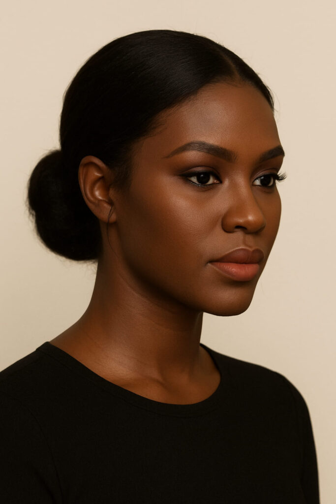 La Queen a un visage rectangulaire. Elle porte un Chignon : bas plein de nuque avec présence latérale mesurée (élargit sans alourdir).Texture : flou texturé contrôlé (épaisseur douce).Raie : latérale douce (pas de sommet haut).Mèches encadrantes : légères sur les côtés, pas de bouffant en haut.