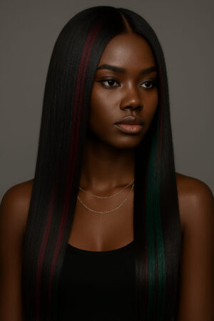 Aime-toi N°36 – Lisse Élégant – Noir Intense aux Reflets Bordeaux & Vert Froid™ – 22" – Sublime les visages Ovales et Carrés – Cheveux Naturels Indiens