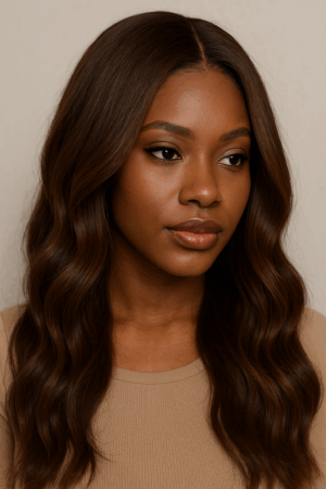 Aime-toi N°56 – Ondulée Naturelle – Brun Moyen Élégant™ (#4) – 20″ – Adoucit et équilibre les visages ovales, carrés et cœur – Cheveux Naturels Indiens