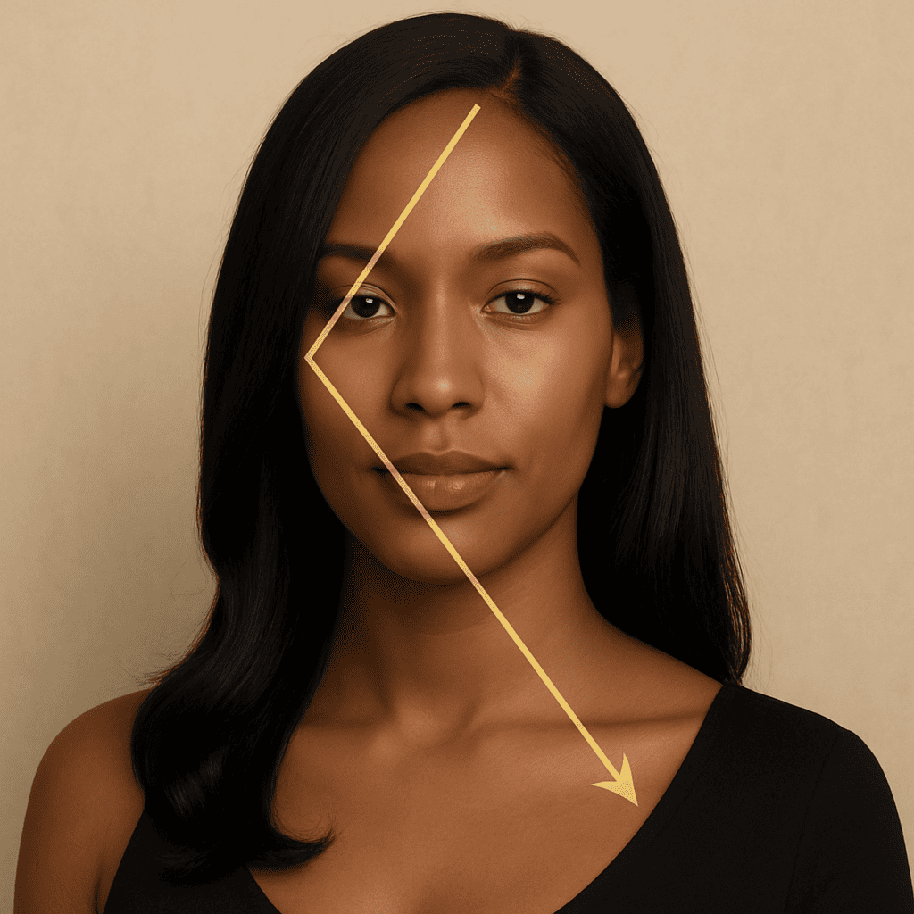 Le Triangle d’Or du Visagisme™ appliqué au visage oblong par Naya Elégance