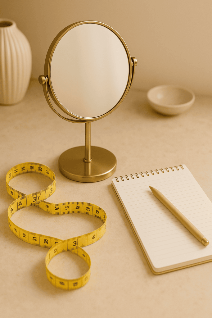 Matériel utilisé pour identifier la forme du visage: miroir, mètre ruban, bloc note et crayon