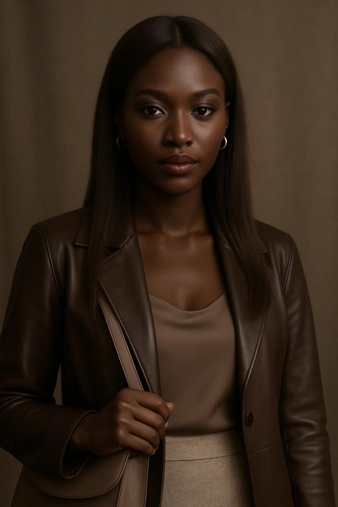 Outfit d'hiver Queen ébène neutre: Maquillage : smoky brun froid, lèvres MAC Verve, highlighter champagne clair. Coiffure : moka cendré, longueur 18″, texture soft straight. Tenue : manteau cuir brun mat, jupe laine grège (#B7A89B), top satin moka clair. Bijoux : argent poli doux. Sac : taupe clair.