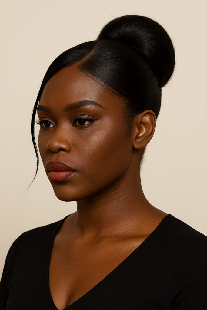 La Queen a un visage triangulaire. Elle porte un Chignon : mi-haut structurant, volume compact au-dessus de l’oreille (allège la base).Texture : sleek lisse sur les côtés bas, sommet propre (zéro bouffant bas).Raie : diagonale moyenne côté fort.Mèches encadrantes : minimes, dirigées vers les tempes (pas d’épaisseur au niveau de la mâchoire).