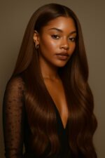 Aime-toi N°48 – Longue Lisse Ondulée – Brun Moyen Élégant™ (#4) – 24″ – Équilibre et illumine les visages ovales, cœur et triangulaires – Cheveux Naturels Indiens