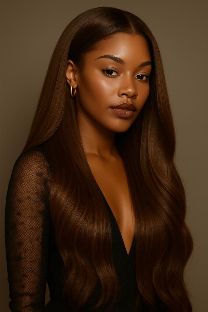 Aime-toi N°48 â Longue Lisse OndulĂ©e â Brun Moyen ĂlĂ©gantâą (#4) â 24âł â Ăquilibre et illumine les visages ovales, cĆur et triangulaires â Cheveux Naturels Indiens