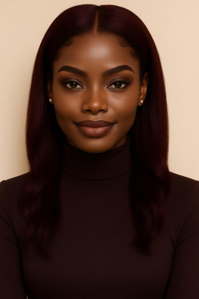 Aime-toi N°69 – Lisse Soyeuse – Rouge Bordeaux Intense™ – 20" – Révèle la prestance des visages Ébène Neutre™ et Ébène Froid™ – Cheveux Naturels Indiens