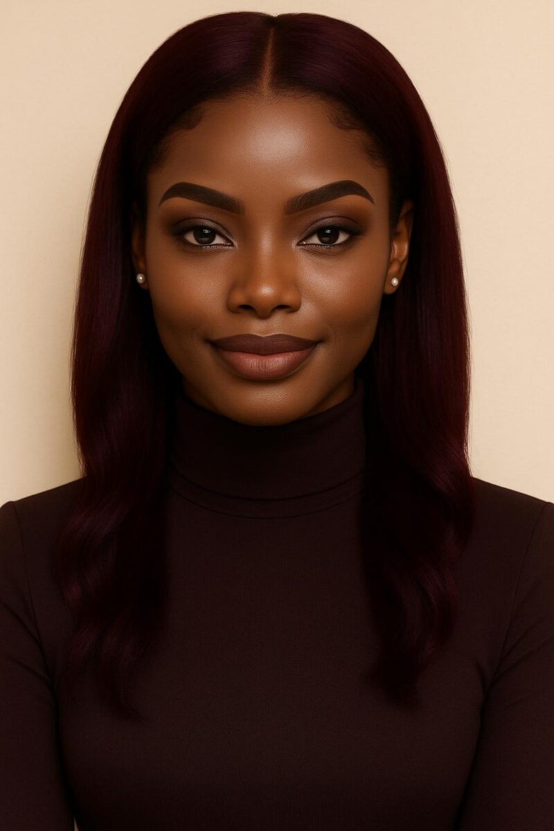 Aime-toi N°69 – Lisse Soyeuse – Rouge Bordeaux Intense™ – 20" – Révèle la prestance des visages Ébène Neutre™ et Ébène Froid™ – Cheveux Naturels Indiens