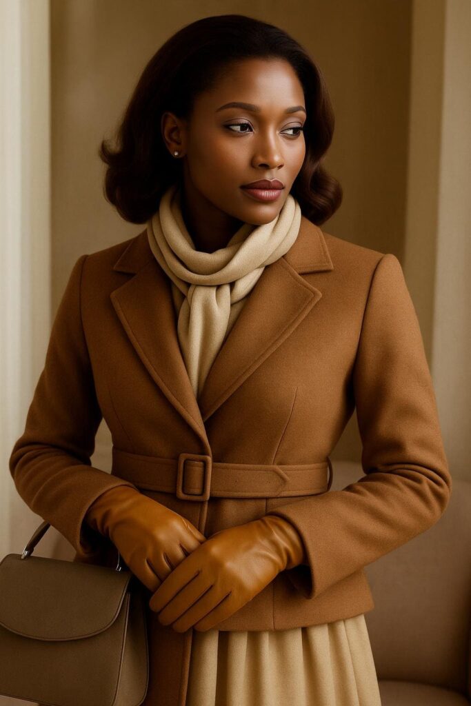 Queen Cacao Neutre, Outfit d'hiver: Tenue : manteau structuré en laine caramel-rosé (#B0744A) avec ceinture, jupe plissée en satin champagne (#E6C7A5), haut en maille beige en dessous.Accessoires : sac à main en daim taupe (#8C7A6B), foulard doux en soie champagne (#F7E3D1), boucles d'oreilles fines en or rose.Gants en cuir camel lisse (#C49A6C).Cheveux : FS4/530 Rouge Taupe Élégant™, ondulations douces, mi-longues, lissés en arrière.Maquillage : effet flou : blush pêche, lèvres beige-rosé, reflets champagne.