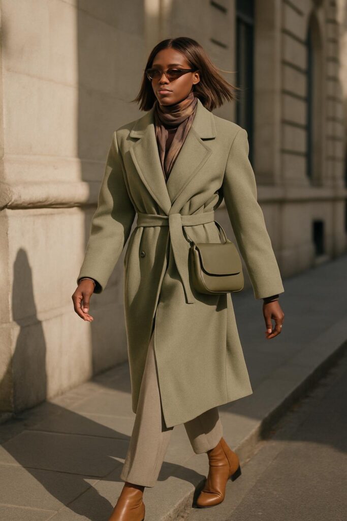 la Queen Cacao neutre en outfit streatwear d'hiver, Tenue : trench-coat beige sauge (#A8A284) à revers structurés, col roulé noir, pantalon court en laine grège (#B1A69A), bottes camel souples.Sac bandoulière en cuir gris olive (#80755E).Écharpe beige clair en cachemire mélangé, flottant naturellement au vent.Cheveux : perruque mi-longue lisse T4/27 Miel Latte™, glissée derrière l’oreille.Maquillage : base mate pure, yeux taupe doré, lèvres nude moka (MAC Whirl).