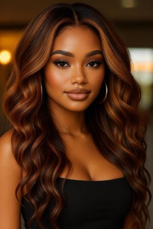 Aime-toi N°55 – Ondulée Contouring – Balayage Caramel Lumineux™ (#P4/27/30) – 22″ – Illumine et équilibre les visages ovales, ronds et cœur – Cheveux Naturels Indiens