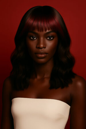 Aime-toi N°34 – Body Wave à Frange – Noir & Acajou Sublime™ – 16" – Illumine et équilibre les visages ovales et oblongs – Cheveux Naturels Indiens Bruts