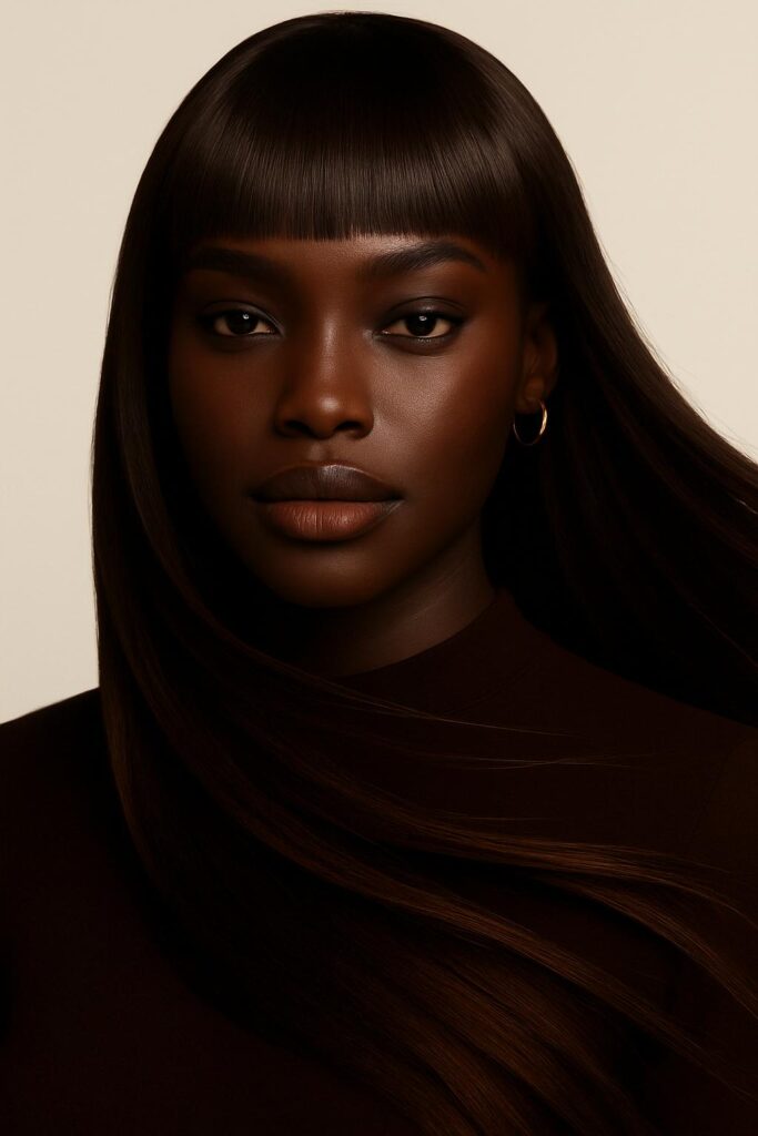 Aime-toi N°64 – Longue Lisse à Frange Pleine – Brun Chocolat Soyeux™ (4), 24" – Révèle la densité des visages très fins et ovales – Cheveux Naturels Indiens